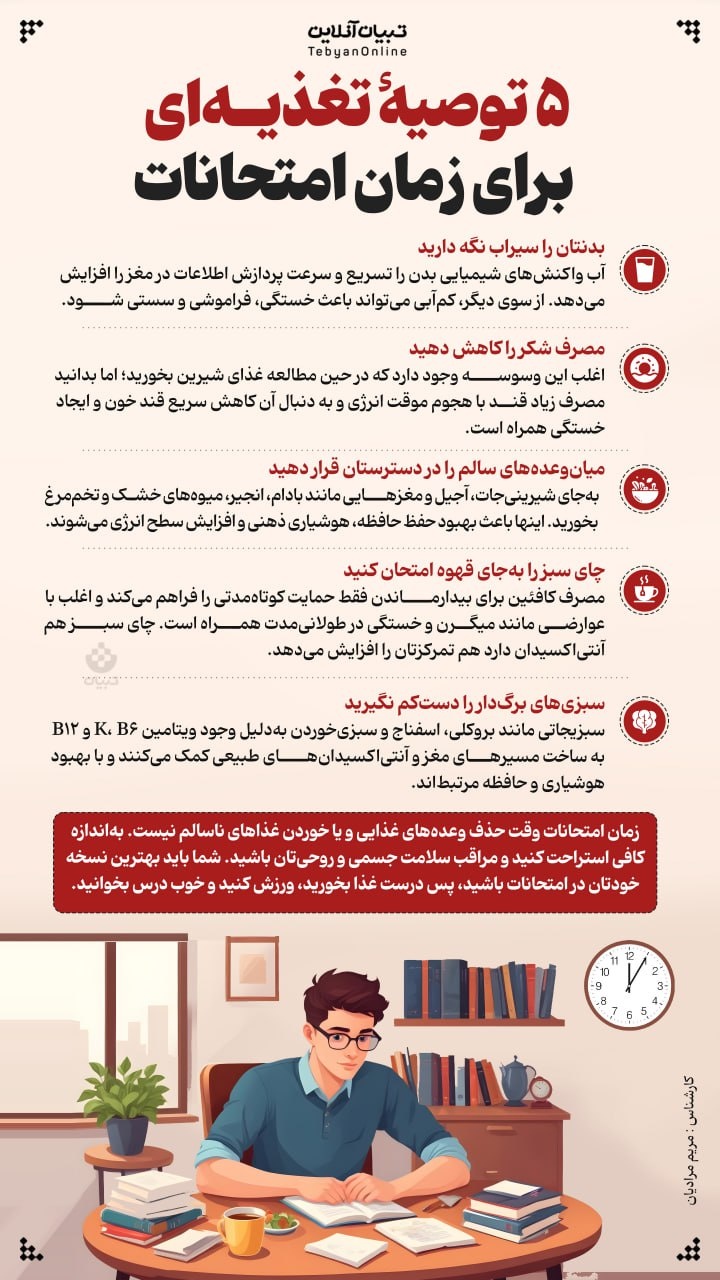 ۵ توصیۀ تغذیه‌ای برای زمان امتحانات