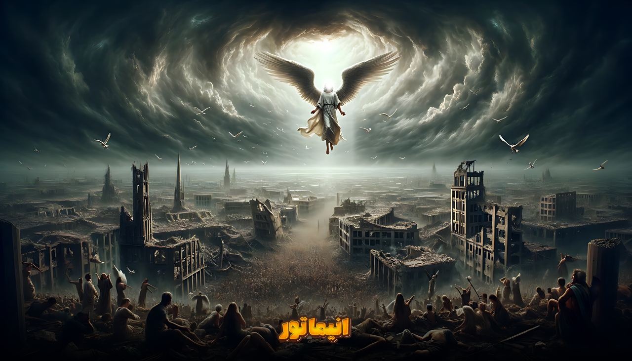 تصویرسازی هوش مصنوعی از ندای آسمانی جبرئیل برای اعلام خبر ظهور در تهران، نیویورک و غزه