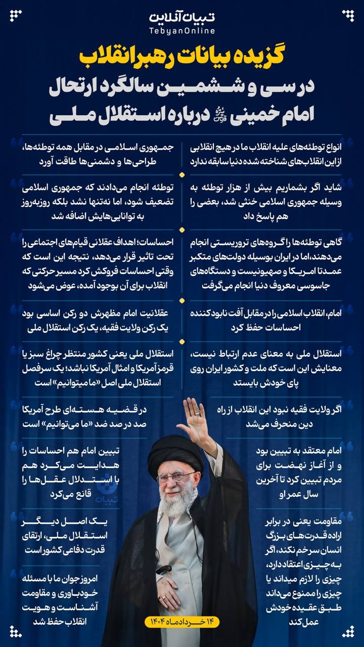 گزیده بیانات رهبر انقلاب در سی و ششمین سالگرد ارتحال امام خمینی درباره استقلال ملی 