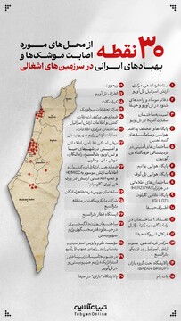 ۳۰ نقطه از محل مورد اصابت موشک‌ها و پهپادهای ایرانی در سرزمین‌های اشغالی