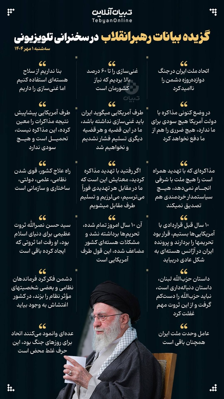 گزیده بیانات رهبرانقلاب در سخنرانی تلویزیونی اول مهر ۱۴۰۴