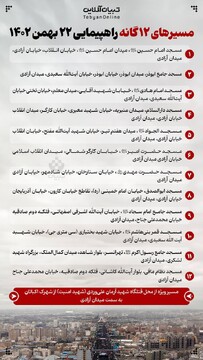 مسیرهای ۱۲ گانه راهپیمایی ۲۲ بهمن در تهران