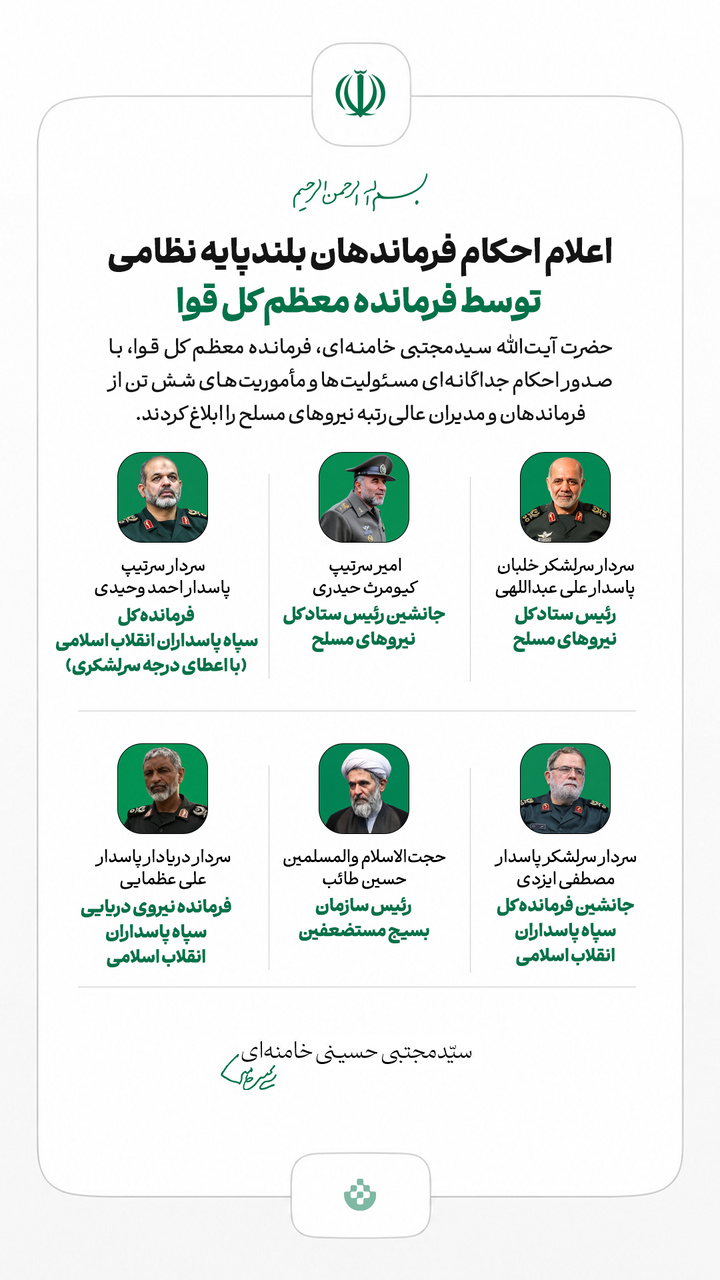 اعلام احکام فرماندهان بلندپایه نظامی توسط فرمانده معظم کل قوا