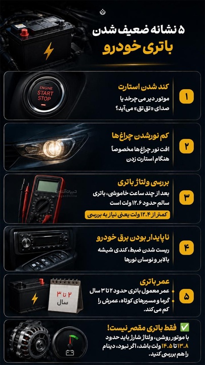 ۵ نشانه ضعیف شدن باتری خودرو