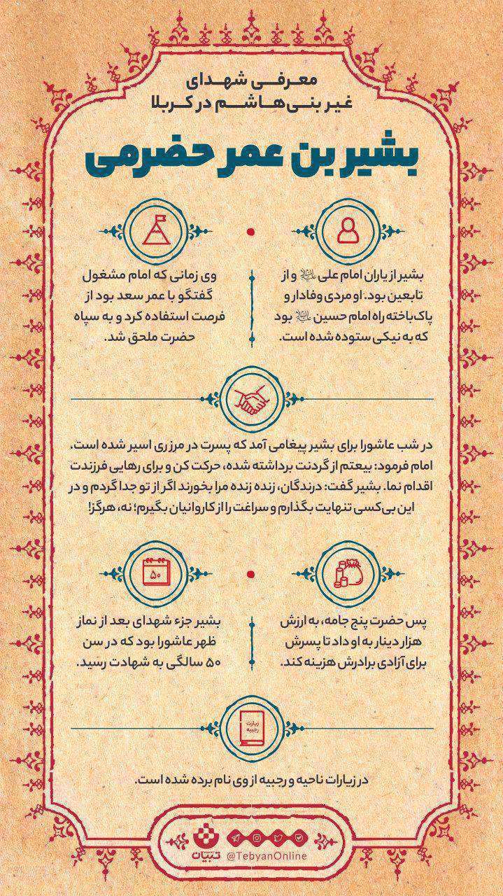 بشیر بن عمر حضرمی؛ شهید پاک‌باخته و وفادار به امام [اینفوگرافیک]