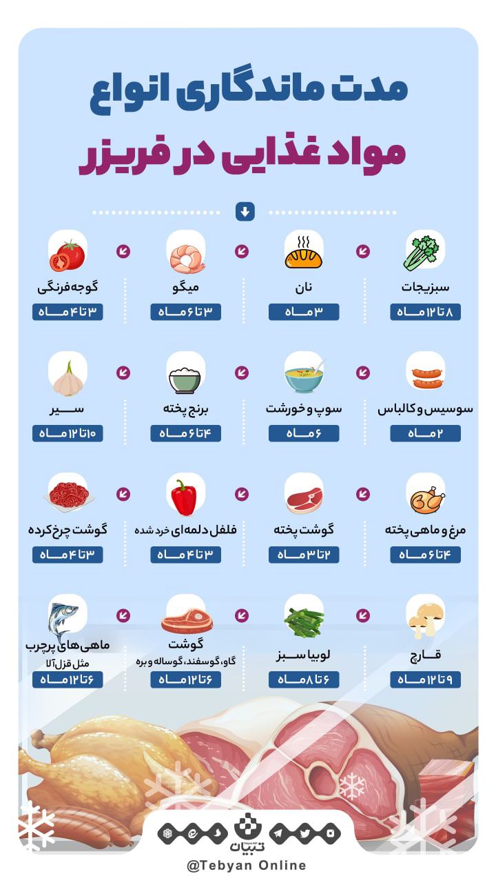 مدت ماندگاری انواع مواد غذایی در فریزر