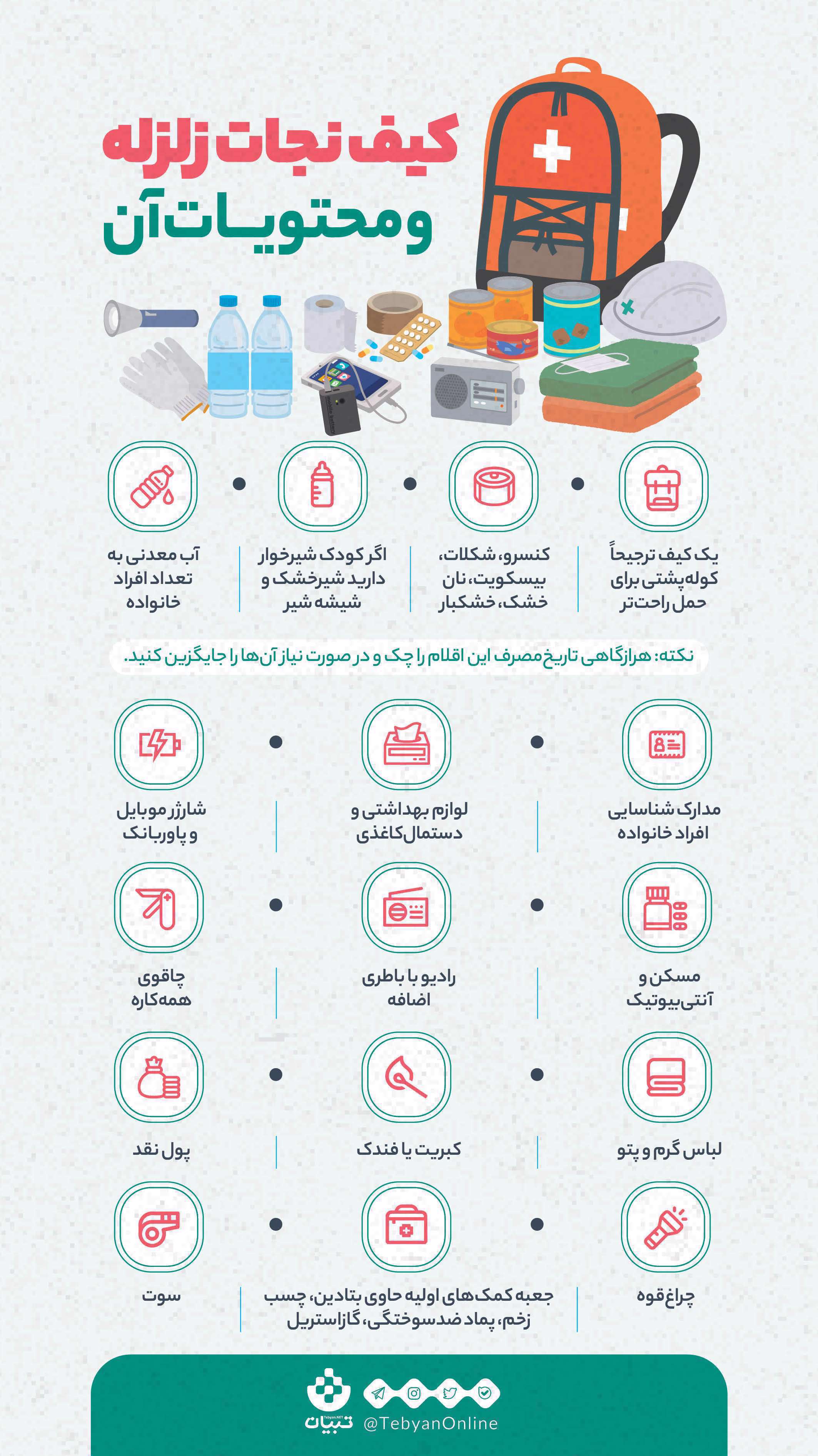 اینفوگرافی کیف نجات زلزله و محتویات آن