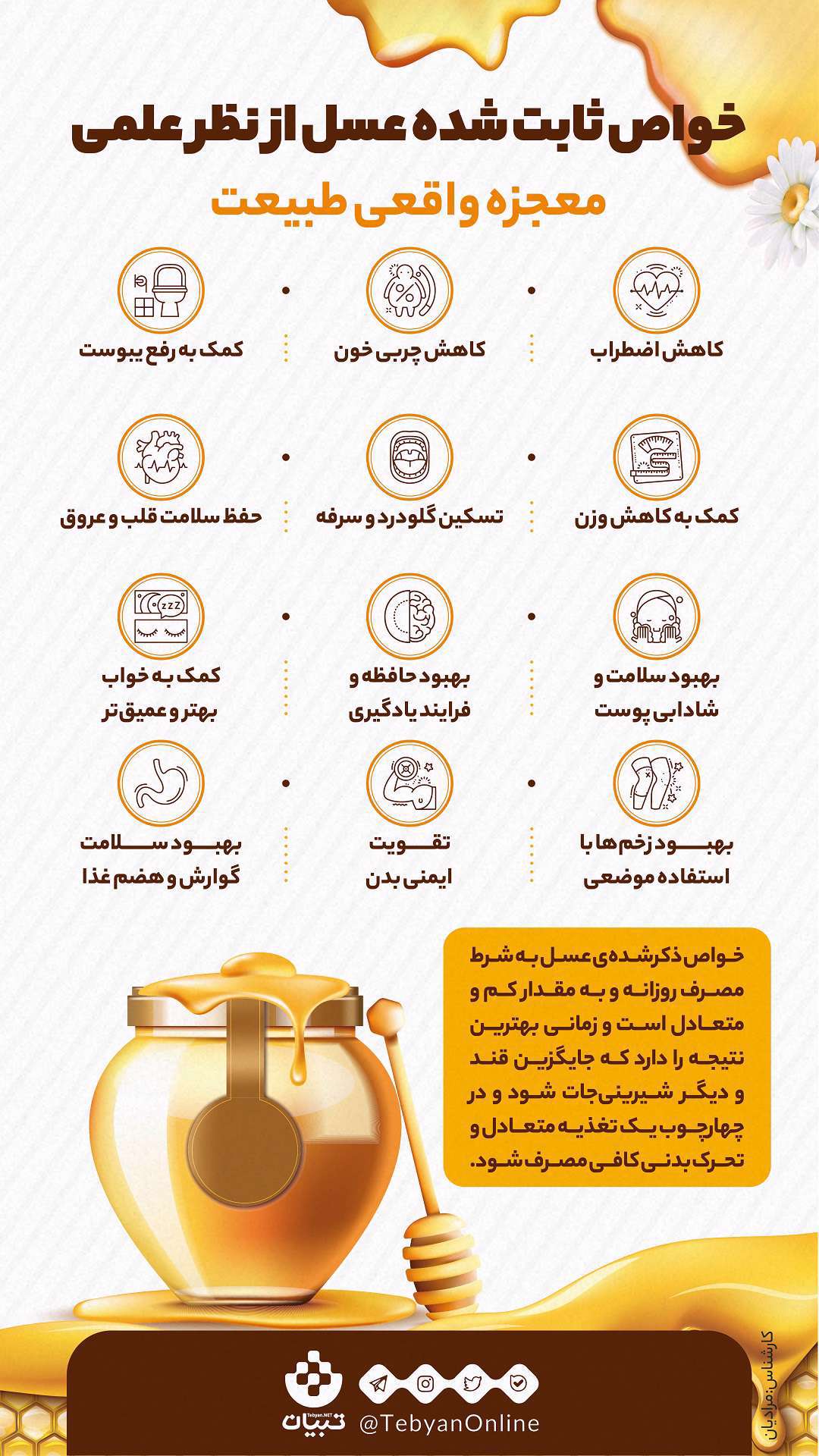 خواص ثابت شده عسل از نظر علمی؛ اینفوگرافیک